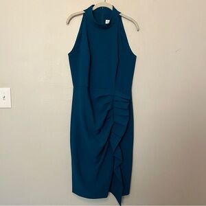 Eliza J Blue Teal Ruffle‎ Feminine Coquette Asymmetrical Halter Sheath Dress 12